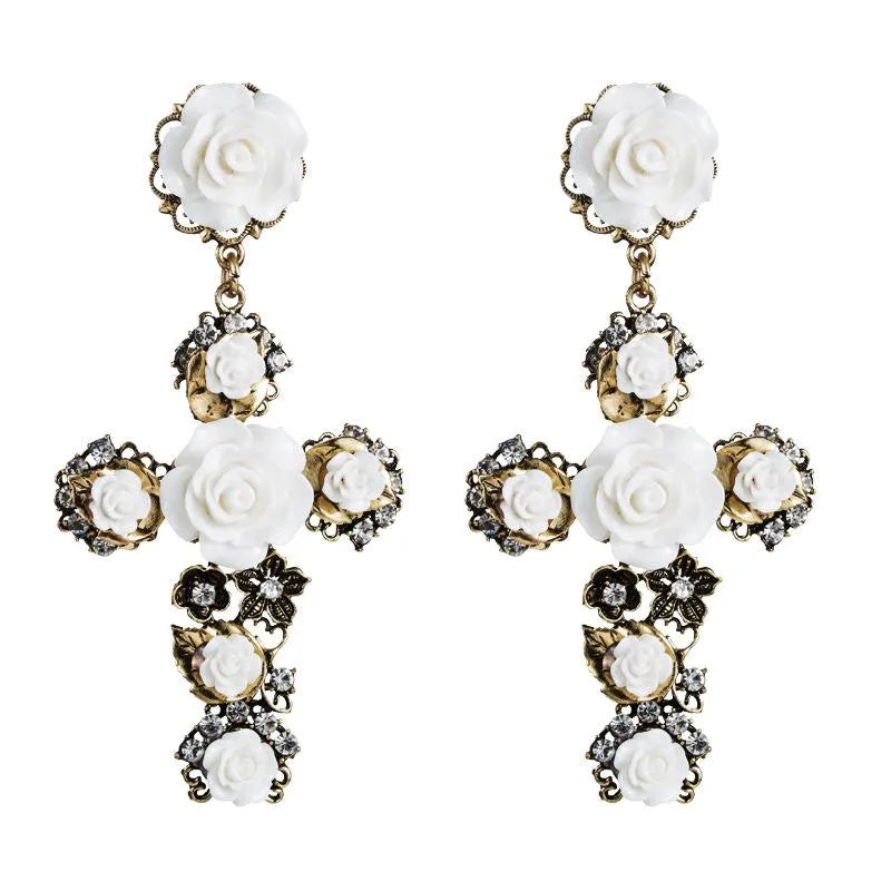 Paint the Roses Drop Cross Earrings- White