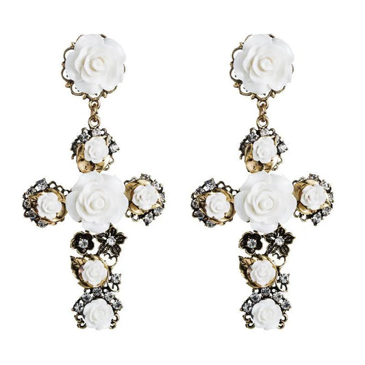 Paint the Roses Drop Cross Earrings- White